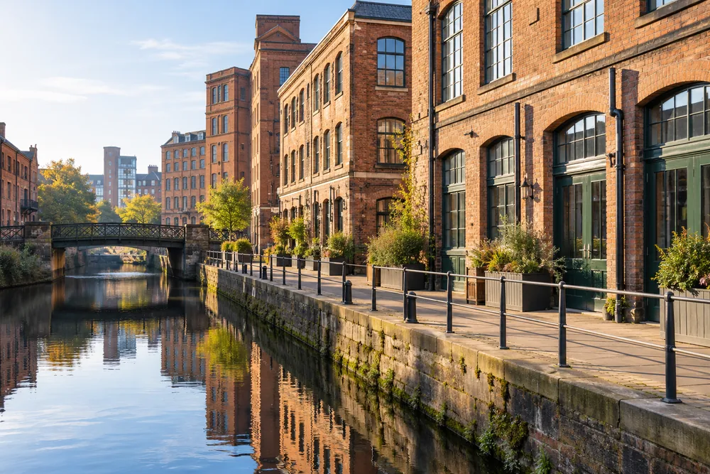 Brick commercial buildings beside a canal in a northern English city